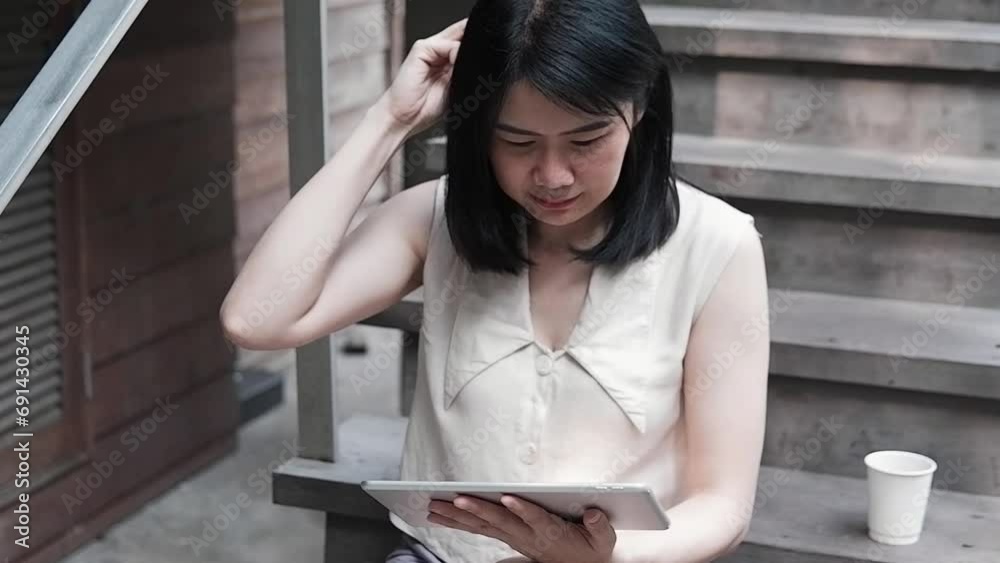 Smiling Asian woman is working and online shopping for successful with tablet. Technology with businesswoman