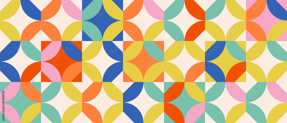 Geometric seamless pattern in bauhaus style. Colorful abstract background in swiss style. Vector flat illustration for poster, cover artwork, background, packing, banner.