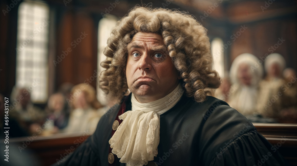 A man, dressed as a lawyer with a wig, is in a courtroom setting. A man, dressed as a lawyer with a wig, is in a courtroom setting.