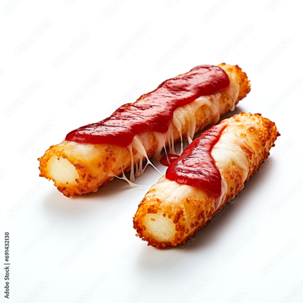 Golden Mozzarella Sticks with Tomato Sauce.  A tower of crispy mozzarella sticks accompanied by  a side of tomato sauce.