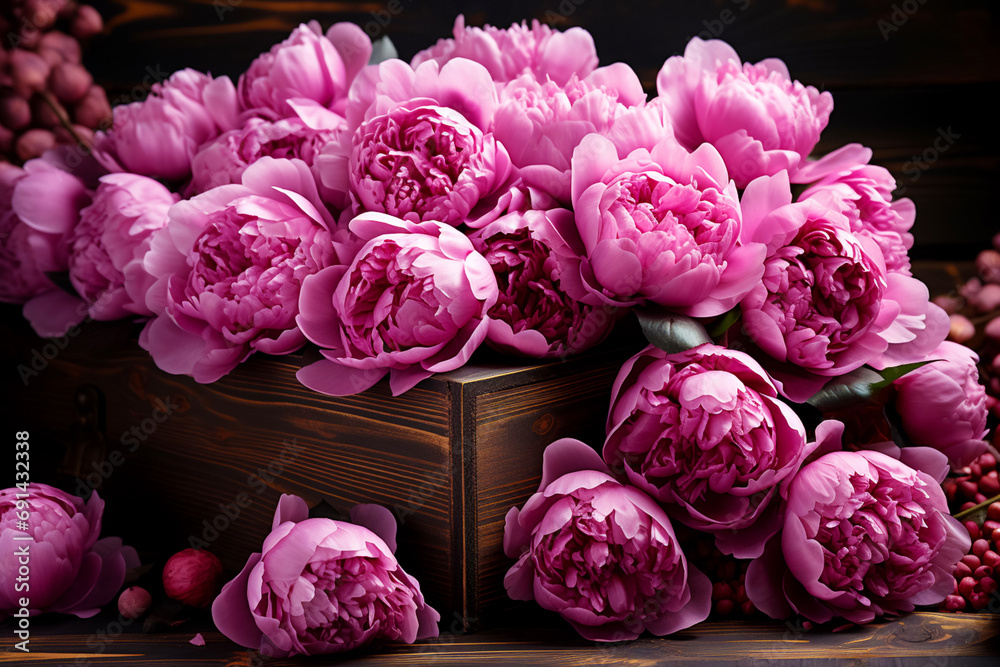 A bright bouquet of peonies in an old wooden box is a wonderful greeting on Valentine's Day or a wedding celebration. A bright bouquet of peonies in an old wooden box is a wonderful greeting on Valentine's Day or a wedding celebration.
