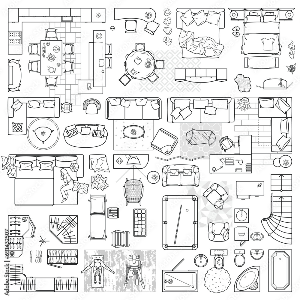Floor plan view from above. Furniture and equipment collection in top view for house plan. Interior icons set for bathrooms and living room, kitchen and bedroom. Vector illustration - obrazy, fototapety, plakaty 