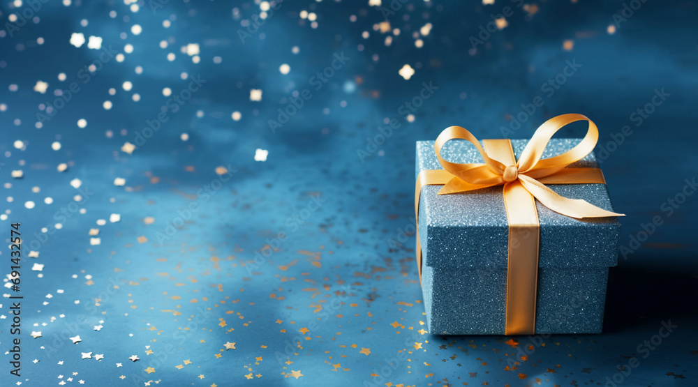 Top view of the image of a gift box with a gold ribbon on a light blue background. Top view of the image of a gift box with a gold ribbon on a light blue background.