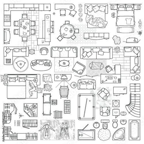 Floor plan view from above. Furniture and equipment collection in top view for house plan. Interior icons set for bathrooms and living room, kitchen and bedroom. Vector illustration
