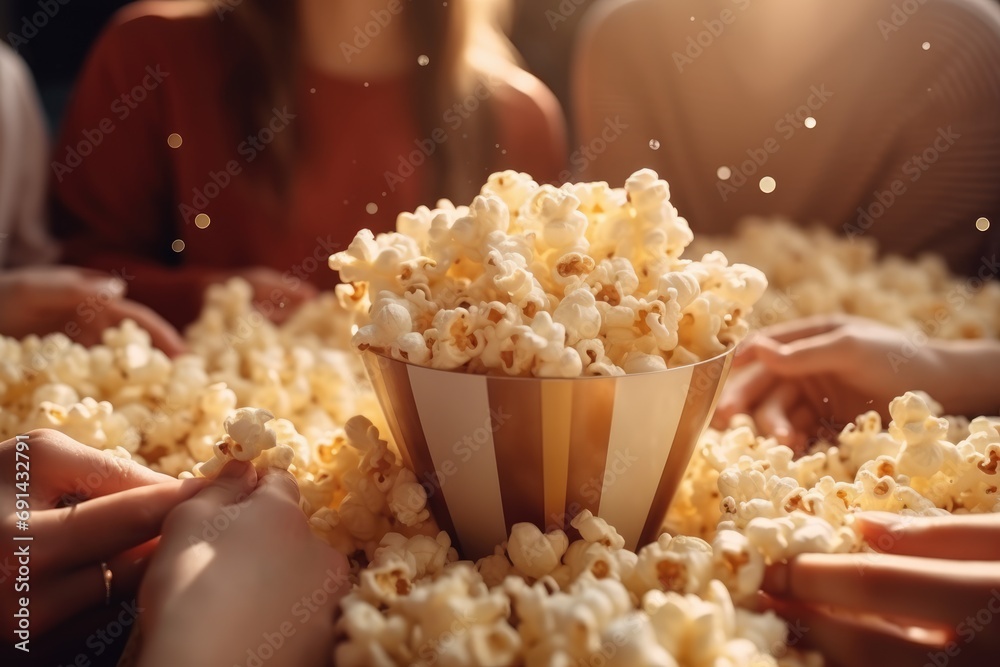 Hands reaching into a striped popcorn bucket, with a warm, convivial atmosphere Hands reaching into a striped popcorn bucket, with a warm, convivial atmosphere