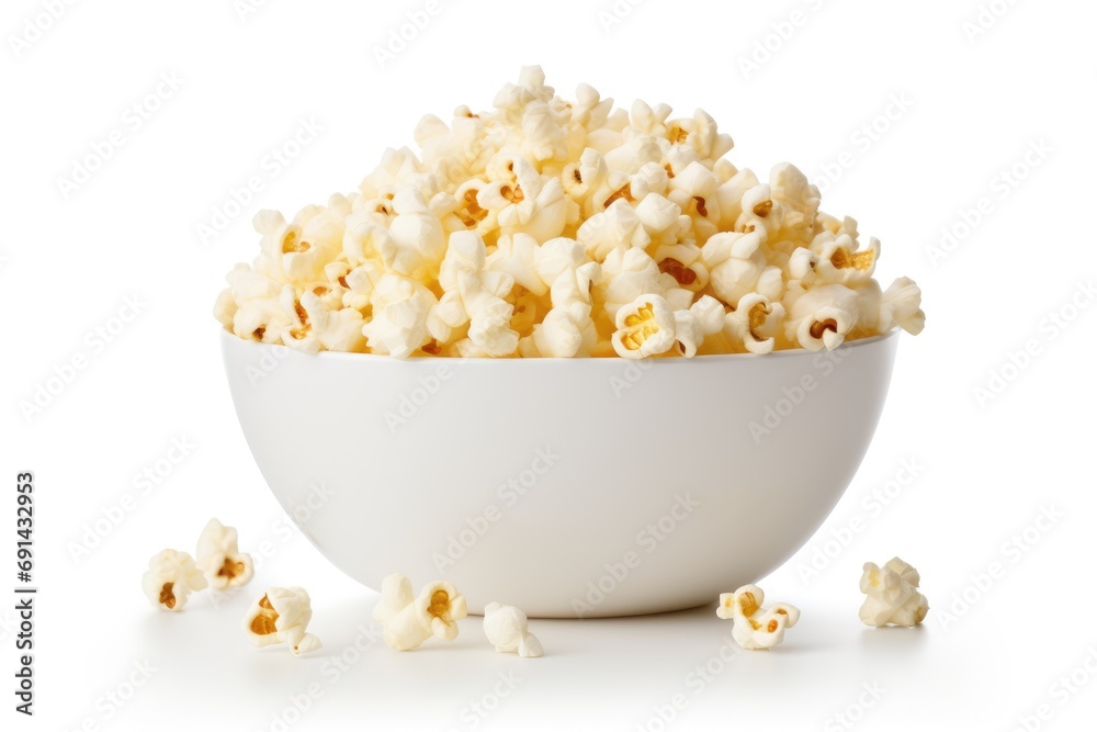 bowl overflowing with freshly popped popcorn kernels on a clean white background bowl overflowing with freshly popped popcorn kernels on a clean white background