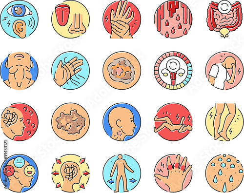 disease medical health icons set vector. symptom medical hospital, care doctor, heart, patient pharmacy, human treatment disease medical health color line illustrations