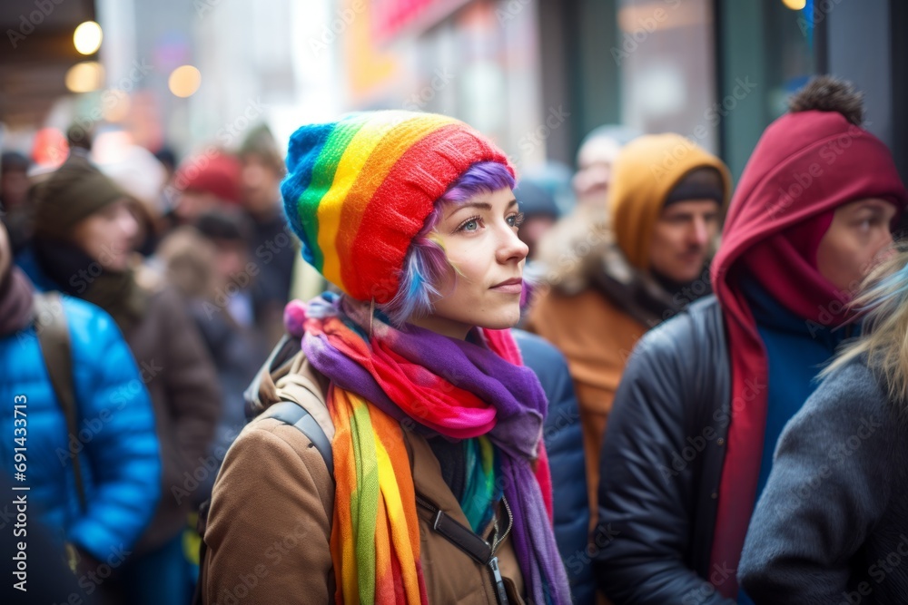 Young woman in the crowd wearing scarf and hat in the colors of the lgtbi flag