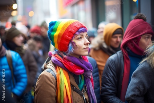 Young woman in the crowd wearing scarf and hat in the colors of the lgtbi flag