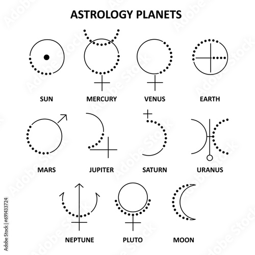 Set of black and white planet sign icons. Astrology, horoscope.
