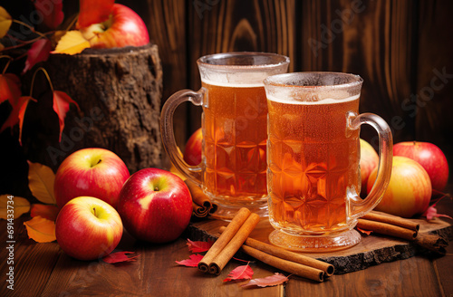 A glass glass of refreshing, cool apple cider on a wooden table.
