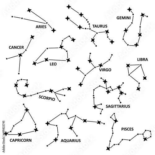 Set of black and white zodiac sign constellation icons. Astrology, horoscope.