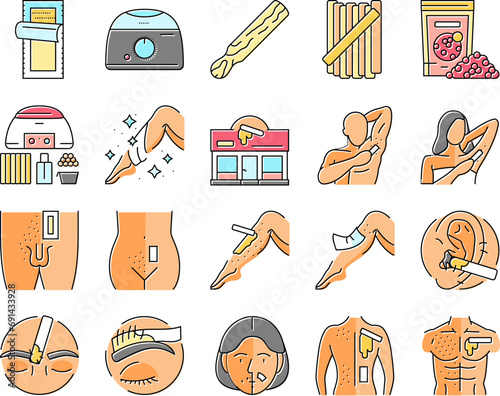 wax hair salon depilation icons set vector. spa body, sugar beauty, skin woman, female beautician, removal treatment, face wax hair salon depilation color line illustrations