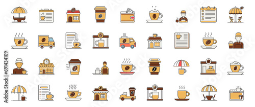Set of 36 vector icons in flat style , coffee, coffee shop, coffee machine, barista, menu, takeaway coffee, summer cafe.