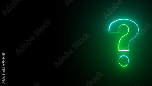 Glowing green neon question mark symbol on alpha channel background. Question mark sign. Neon colored digital 3D big question sign