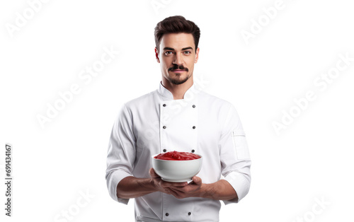 Chef Holds Delicious Steaming Soup Isolated on a Transparent Background PNG. photo