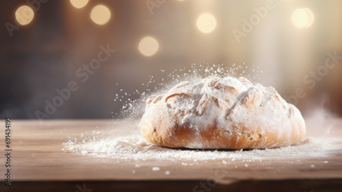 Fluffy bread sprinkled with white sugar on a wooden photo
