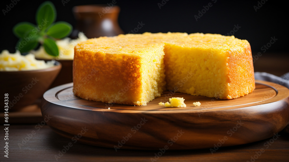 Fluffy cake cornbread on wood plate with blurred background