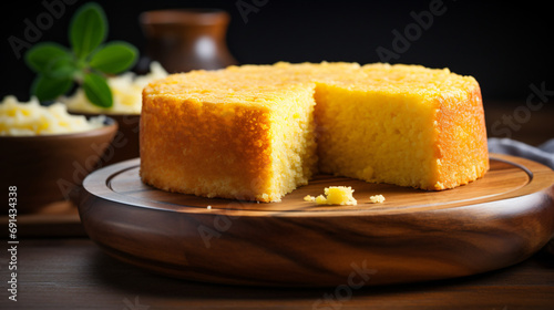 Fluffy cake cornbread on wood plate with blurred background