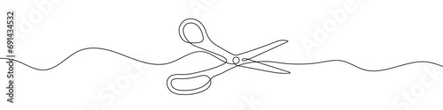 Continuous line drawing of scissors. One line drawing background.