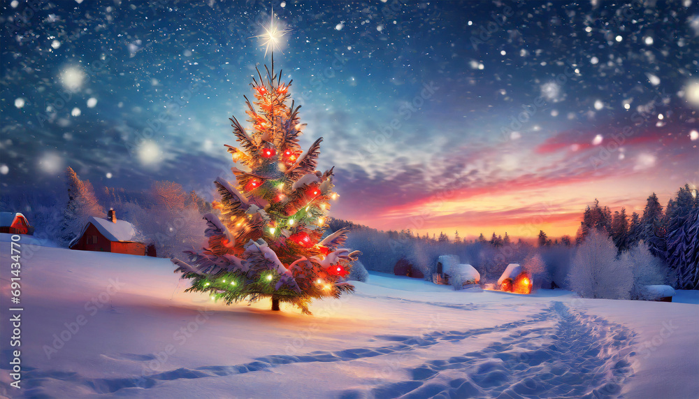 Horizontal painting of a Christmas tree standing in a snow mountain landscape with colorful sky during sunset. Winder wonderland concept. ai generated. Horizontal painting of a Christmas tree standing in a snow mountain landscape with colorful sky during sunset. Winder wonderland concept. ai generated.
