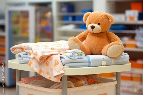Adorable Changing Table Set with Diapers, Accessories, and Cuddly Teddy Bear in Cozy Babys Room