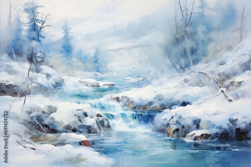 Serene Winter Landscape. Tranquil Setting with Healing Hot Springs and Enveloping Steam