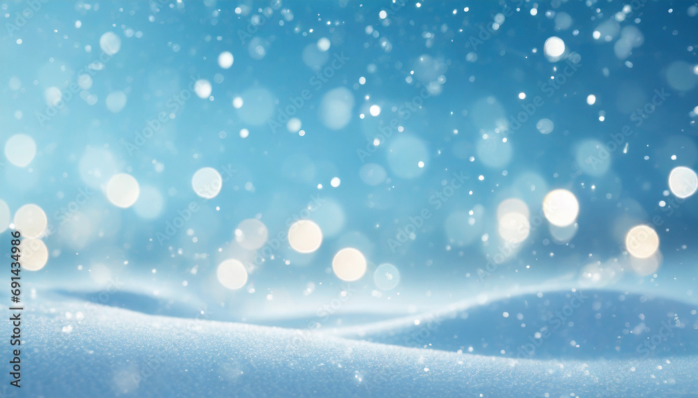 Abstract winter wonderland Christmas background with blue sky, bokeh fairy lights in a snow landscape. ai generated.