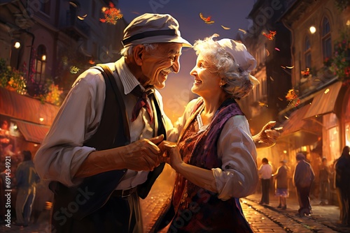 Happy elderly positive couple dancing salsa or waltz on a festive evening photo