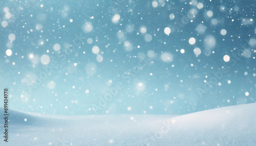 Abstract winter wonderland Christmas background with blue sky, bokeh fairy lights in a snow landscape. ai generated.