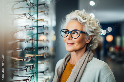 Timeless Elegance: Woman with Graying Hair Selecting New Glasses at the Optician