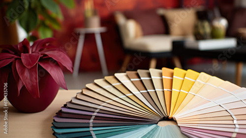 Stylish living room with a spectrum of paint swatches. Viva magenta and peach fuzz, color of year.