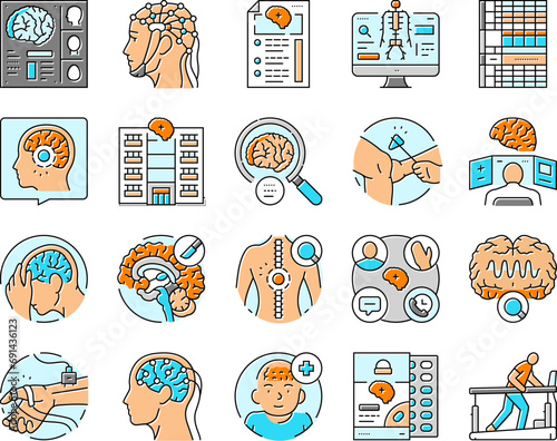 brain neurologist doctor icons set vector. health neurology, medical hospital, technology nerve, surgery patient, medicine brain neurologist doctor color line illustrations