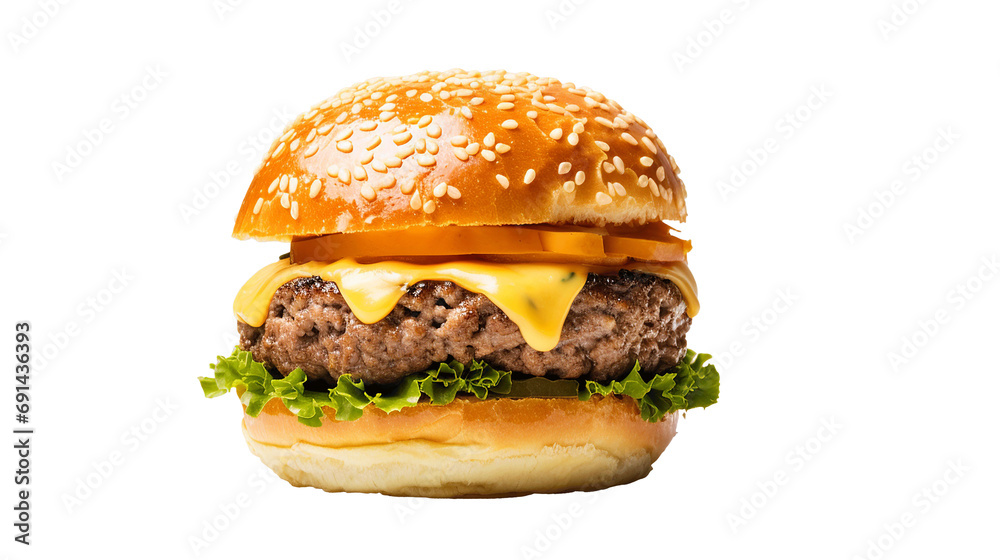 hamburger with cheddar cream and fresh and tasty brioche bun isolated on transparent or white background, png. Made with genreative ai