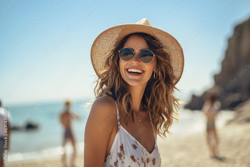 Happy beautiful young woman smiling at the beach side - Delightful girl enjoying sunny day out.