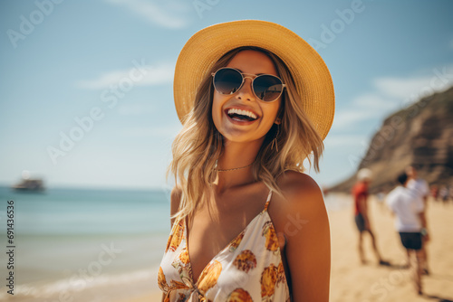Happy, beautiful woman with hat enjoying freedom at the beach