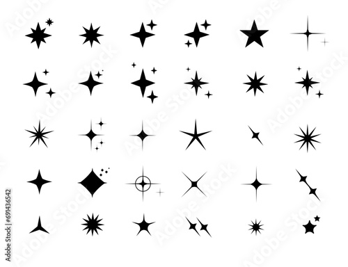 Minimalist silhouette Star icons  star shape vector set. Abstract y2k sparkles. Twinkling stars  abstract sparkle black silhouettes symbol shining burst. Vector