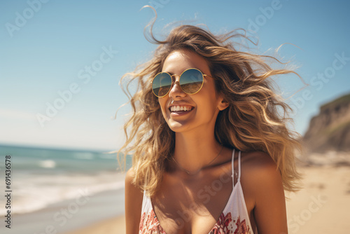 Happy beautiful young woman smiling at the beach side - Delightful girl enjoying sunny day out. © Chebix