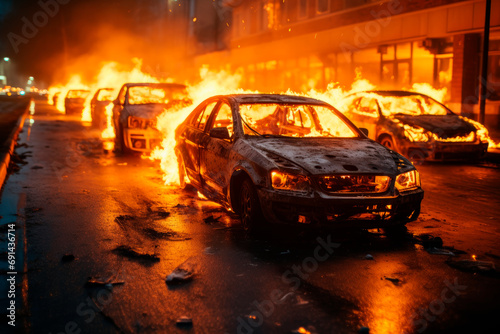 Parked cars on fire on empty streets after riots. Burning cars on the road at night.