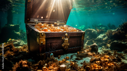 Open treasure chest sunken at the bottom of the sea.