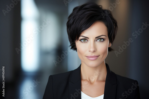 Professional Elegance: Portrait of a Caucasian Businesswoman with Short Black Hair