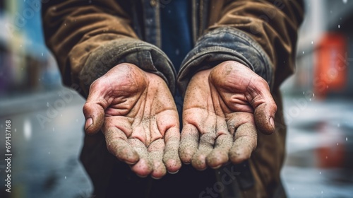 close-up of homeless man holding hands to get help. photo