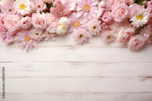 Top view soft pink blooms lays across a shabby white wooden surface.Greeting card for of Valentines day or birthday. Womens day  mother s day