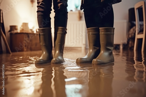 Couple in rubber boots stands in a flooded house photo