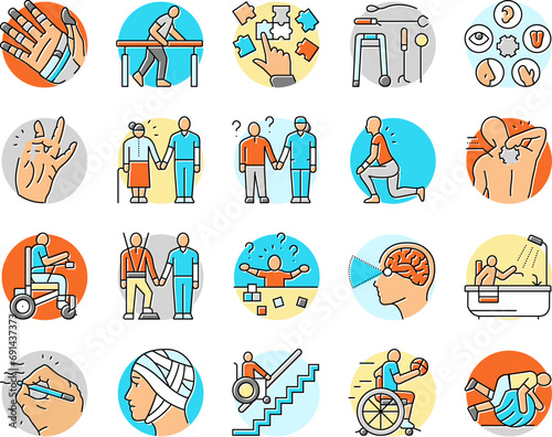 occupational therapist health icons set vector. therapy physical care, physiotherapist assistance, professional doctor occupational therapist health color line illustrations