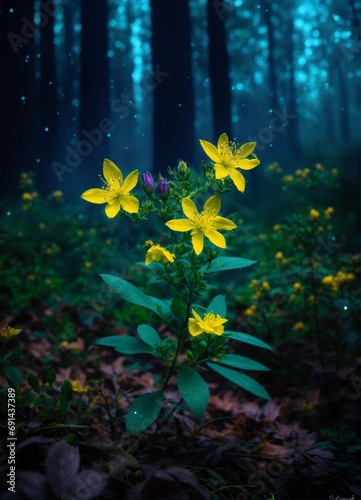 Create an image of a St. John's wort plant thriving in a dark, mystical forest. A blue or purple aura shimmers around the St John´s wort. In the background, you can see faint mist and possibly sparkli photo