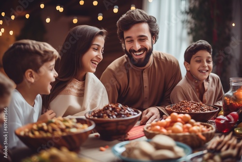 Muslim family enjoying a festive meal, Ramadan celebrations. photo