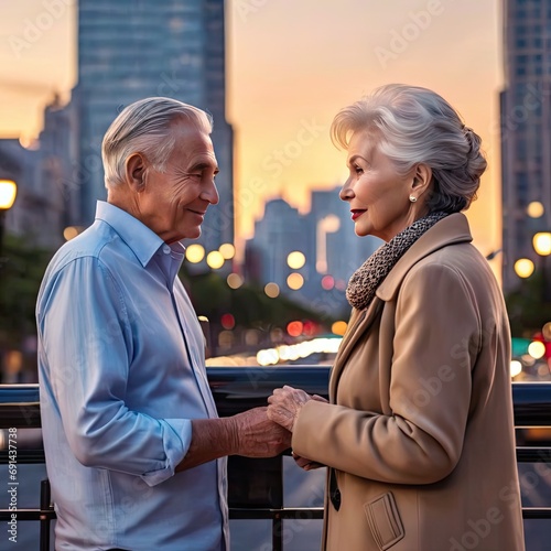 A couple of elderly pensioners are walking in the evening city.