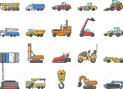 construction vehicle heavy work icons set vector. bulldozer excavator, equipment machine, machinery backhoe, tractor industry construction vehicle heavy work color line illustrations