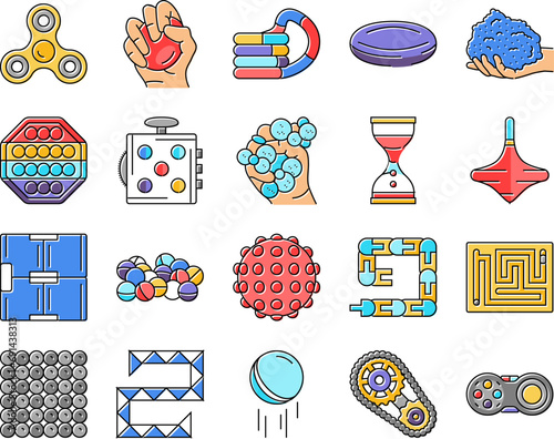 fidget toy fun antistress game icons set vector. pop it, stress silicone, bubble game, kid trendy, children, colorful finger, push fidget toy fun antistress game color line illustrations